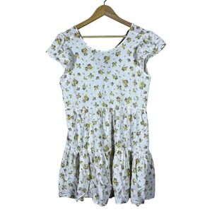 No Comment Floral Tiered Babydoll Ruffle Cap Sleeve Dress White Yellow Size L